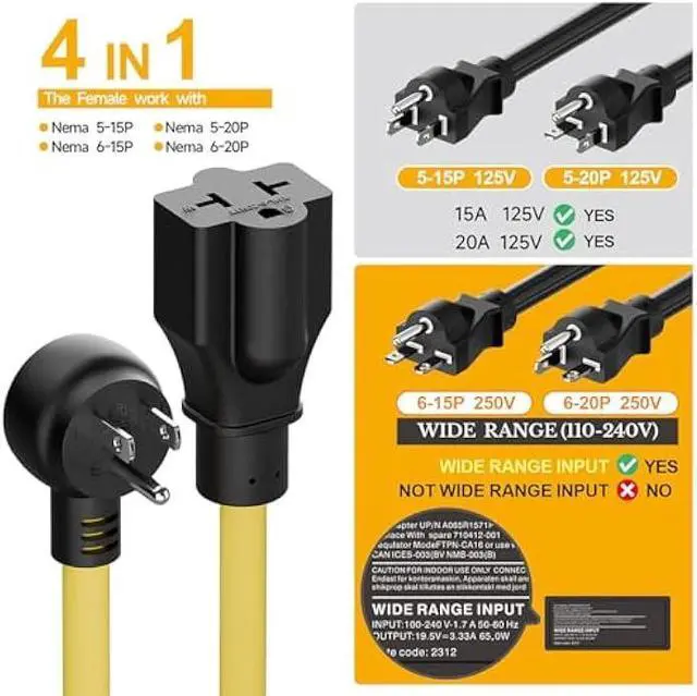 Alt view image 4 of 6 - Indoor/Outdoor Angled Four-in-One Heavy Duty Power Extension Cord SJTW 12-AWG 15A Household Plug to 20A T Blade Cable L=6FT, Angled 3-Prong Extension Cord