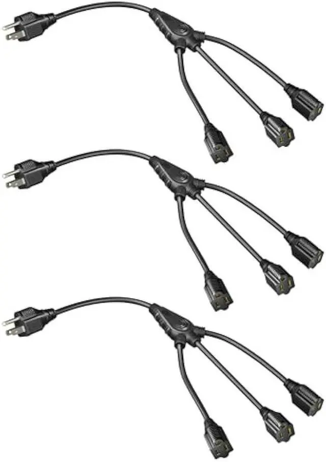 Main image of DEWENWILS Extension Cord Splitter 1 to 3, 18 Inch 16/3 Heavy Duty SJTW Wire, 3 Prong Outdoor Power Splitter for Halloween Decor Christmas Lights, ETL Listed, Black, Pack of 3