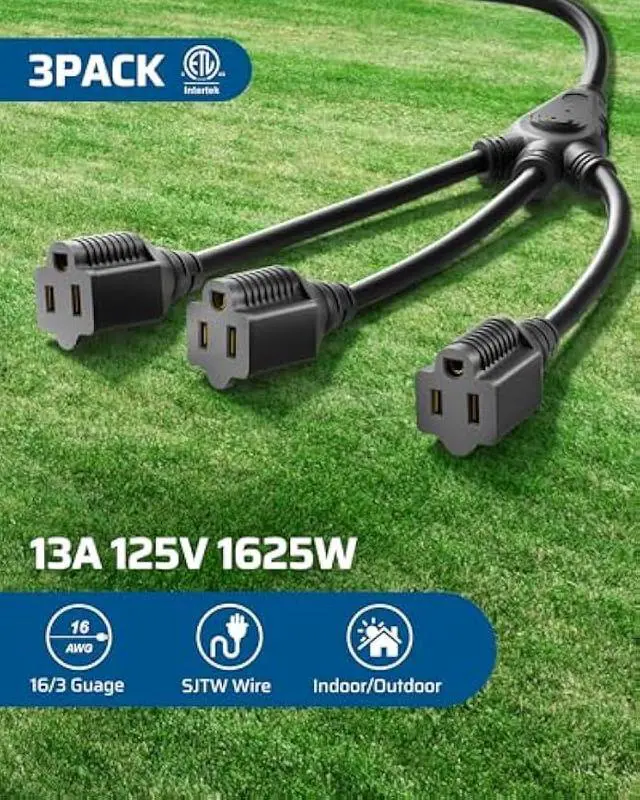 Alt view image 2 of 7 - DEWENWILS Extension Cord Splitter 1 to 3, 18 Inch 16/3 Heavy Duty SJTW Wire, 3 Prong Outdoor Power Splitter for Halloween Decor Christmas Lights, ETL Listed, Black, Pack of 3