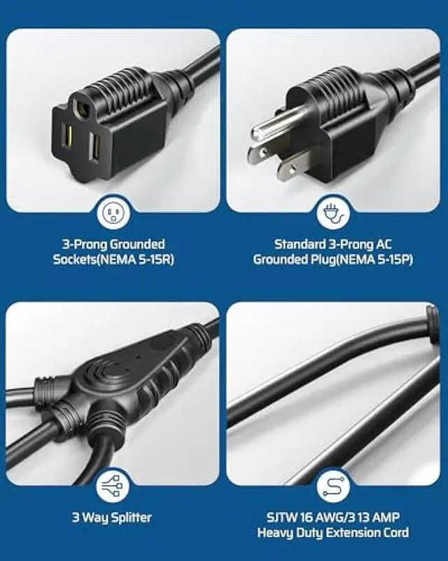 Alt view image 3 of 7 - DEWENWILS Extension Cord Splitter 1 to 3, 18 Inch 16/3 Heavy Duty SJTW Wire, 3 Prong Outdoor Power Splitter for Halloween Decor Christmas Lights, ETL Listed, Black, Pack of 3