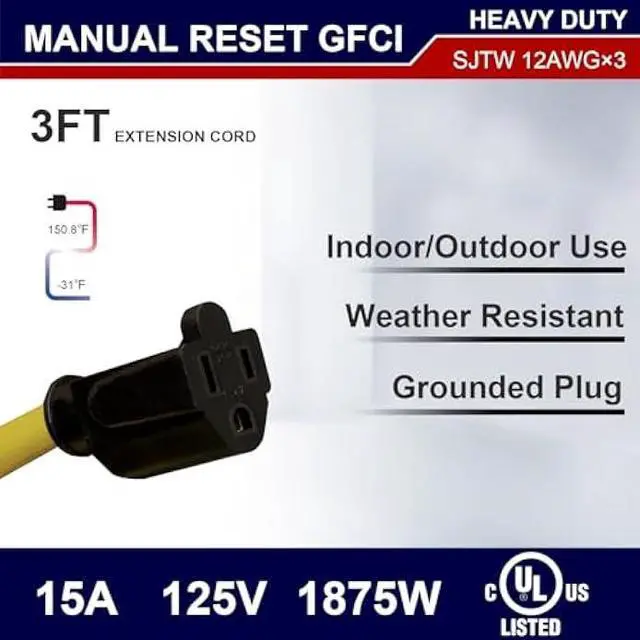 Alt view image 2 of 5 - AIDA 3FT Auto Reset 12/3 Gauge SJTW Heavy Duty GFCI Extension Cord with 3 Prong Grounded Plug, 15 AMP Yellow Outdoor Extension Cable with LED Lighted, UL Listed, 1 Pack (3FT GFCI Plug Adapter)
