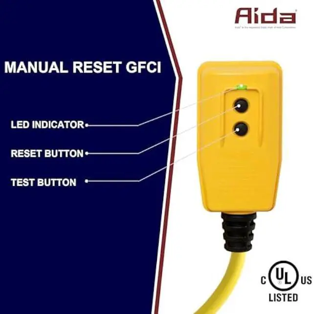 Alt view image 3 of 5 - AIDA 3FT Auto Reset 12/3 Gauge SJTW Heavy Duty GFCI Extension Cord with 3 Prong Grounded Plug, 15 AMP Yellow Outdoor Extension Cable with LED Lighted, UL Listed, 1 Pack (3FT GFCI Plug Adapter)