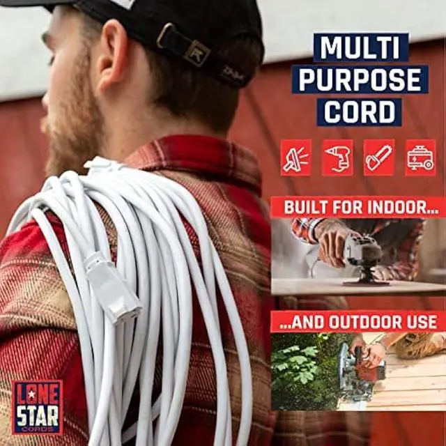 Alt view image 5 of 5 - Lone Star 13 Amp White Extension Cord 50 ft for Outdoor & Indoor, 16/3 SJTW Weatherproof Heavy Duty Outdoor Extension Cord 3 Prong, Power Cable for Outside, Outdoor Lights, Lawn & Home Office