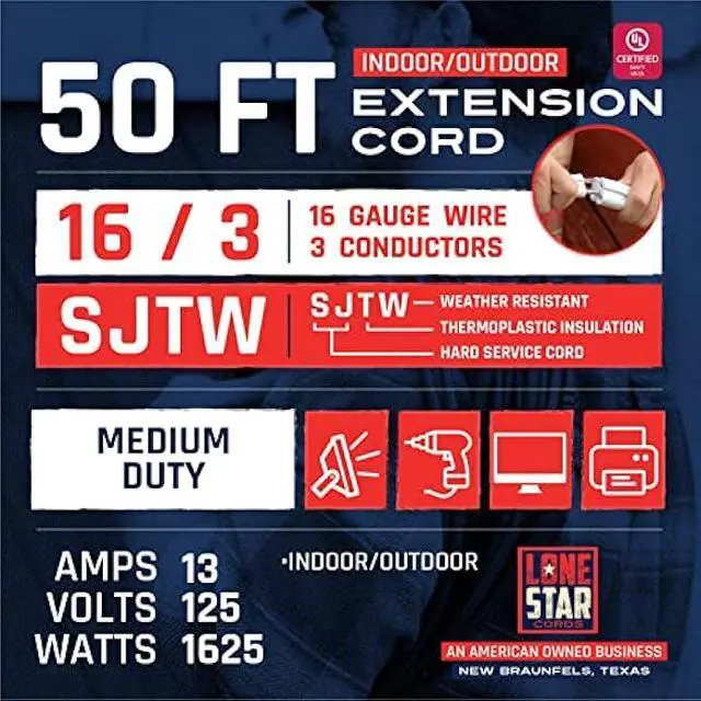 Alt view image 2 of 5 - Lone Star 13 Amp White Extension Cord 50 ft for Outdoor & Indoor, 16/3 SJTW Weatherproof Heavy Duty Outdoor Extension Cord 3 Prong, Power Cable for Outside, Outdoor Lights, Lawn & Home Office