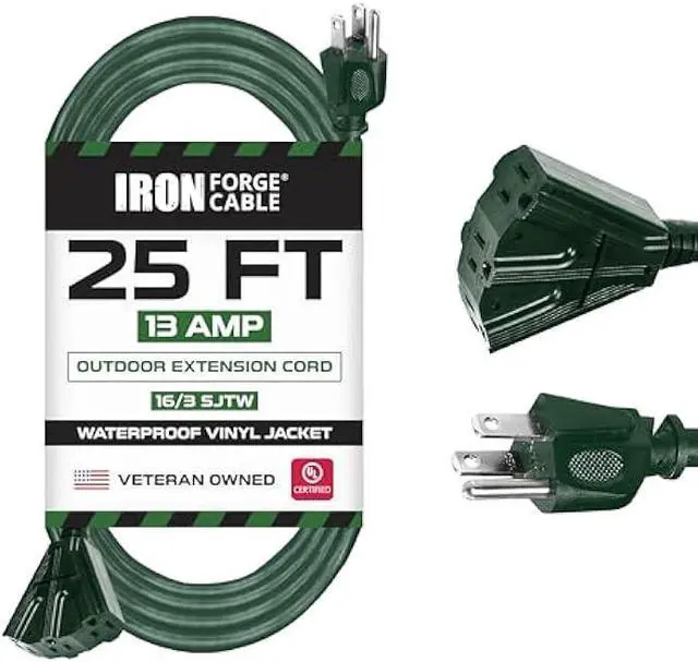 Main image of IRON FORGE CABLE 25 Foot Outdoor Extension Cord with 3 Electrical Power Outlets - 16/3 SJTW Durable Green Extension Cable with 3 Prong Grounded Plug for Safety