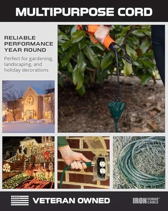 Alt view image 5 of 5 - IRON FORGE CABLE 25 Foot Outdoor Extension Cord with 3 Electrical Power Outlets - 16/3 SJTW Durable Green Extension Cable with 3 Prong Grounded Plug for Safety