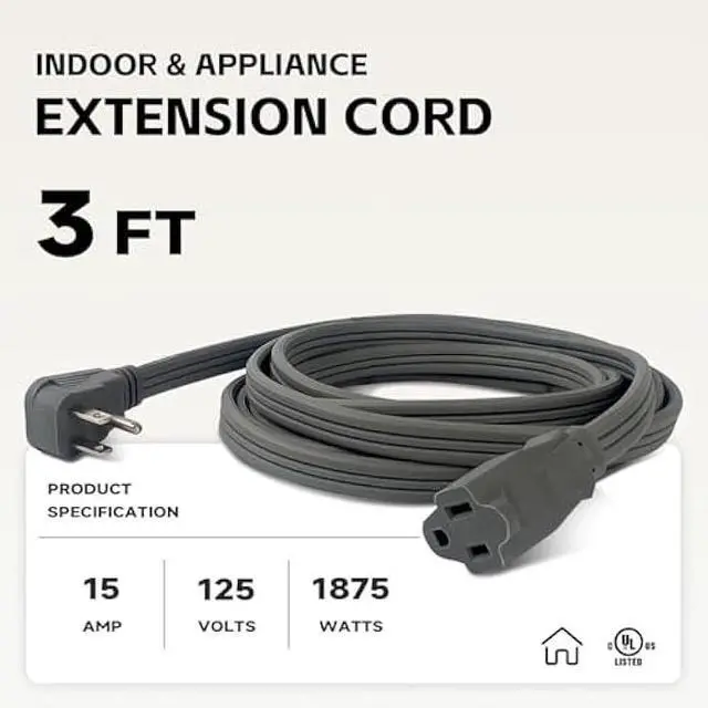 Main image of Heavy Duty Appliance Extension Cord 3 ft - 14 Gauge 3 Prong Flat Plug Extension Cord, 15 Amp SPT-3 Extension Cable for Refrigerator, Space Heater, Air Conditioner, Indoor Use, White