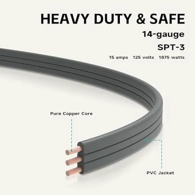 Alt view image 3 of 6 - Heavy Duty Appliance Extension Cord 3 ft - 14 Gauge 3 Prong Flat Plug Extension Cord, 15 Amp SPT-3 Extension Cable for Refrigerator, Space Heater, Air Conditioner, Indoor Use, White