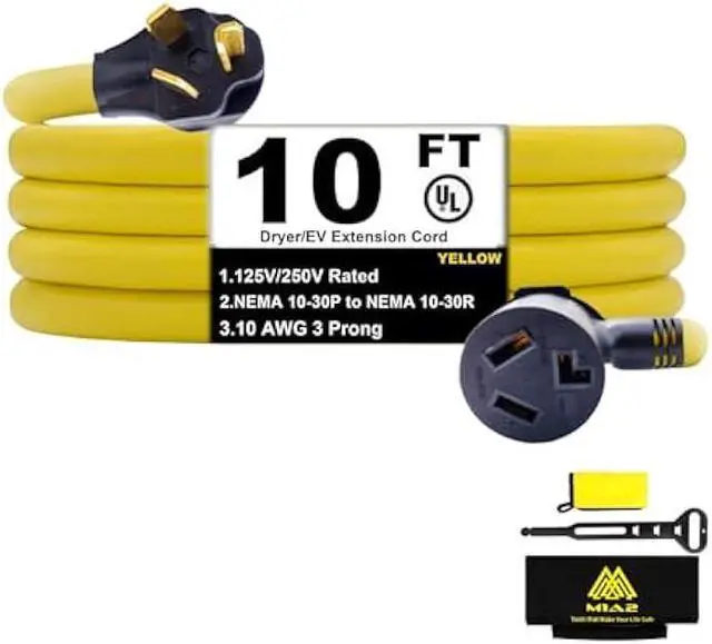 Main image of 3 Prong Dryer Extension Cord 30 Amp NEMA 10-30P to 10-30R,10 FT Level 2 EV Charging 125V/250V Plug STW 10 Gauge UL Listed