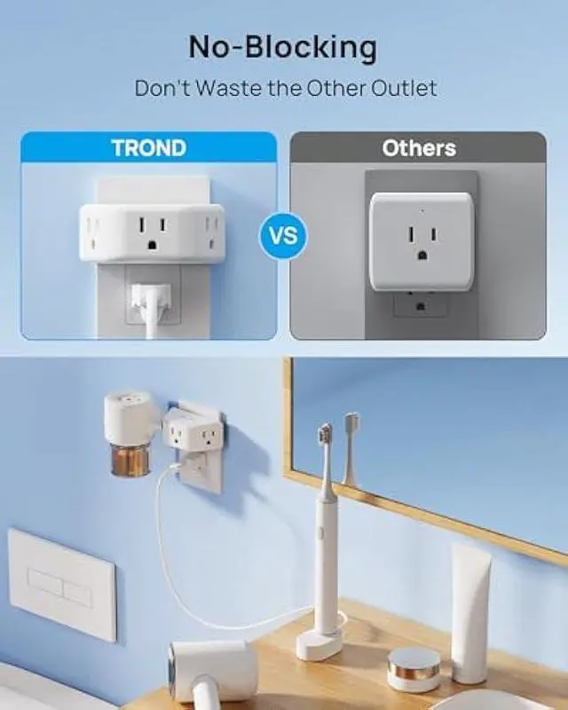 Alt view image 5 of 5 - TROND Multi Plug Outlet Extender 2 Pack - Electrical Wall Splitter, 3 Way Angled Wall Outlet Adapter, Cruise Essentials, Small Multiple Plug Expander for Cruise Ship Home Office Dorm Room, White