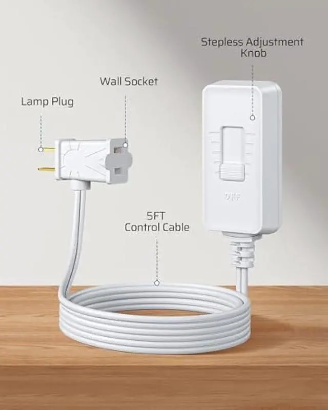 Alt view image 3 of 5 - DEWENWILS Plug in Dimmer Switch for Lamp, Table Lamp Dimmer for Dimmable LED/CFL Lights and Incandescent Bulbs, Full Range Slide Control, 5 ft Extension Cord, White