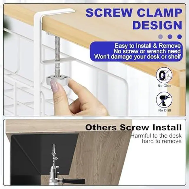 Alt view image 3 of 5 - Under Desk Cable Management Tray, 15.7'' No Drill Steel Cable Tray Organizers, Wire Management Tray Cable Rack with Clamp Mount, Metal Under Desk Tray with Wire and Cord Organizer White1pack