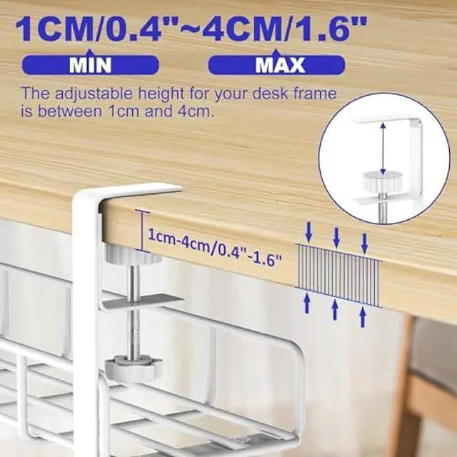 Alt view image 5 of 5 - Under Desk Cable Management Tray, 15.7'' No Drill Steel Cable Tray Organizers, Wire Management Tray Cable Rack with Clamp Mount, Metal Under Desk Tray with Wire and Cord Organizer White1pack