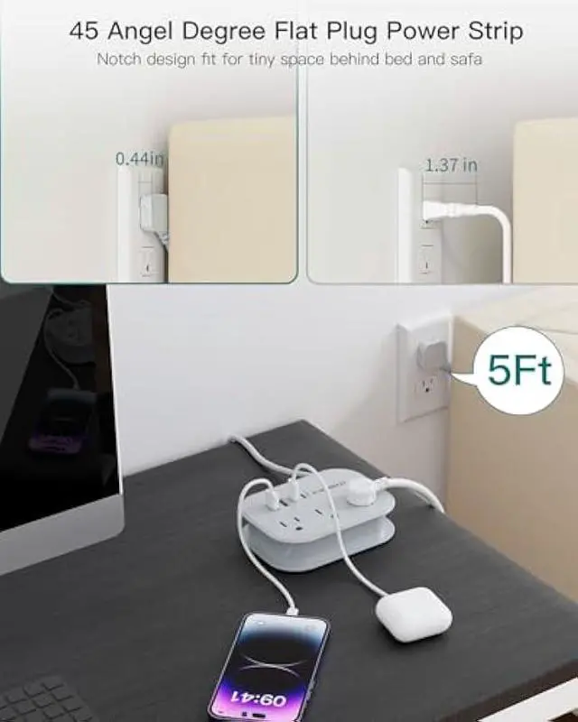 Alt view image 5 of 5 - Flat Plug Power Strip- USB Travel Power Strip, 3 Outlets and 4 USB Ports(2 USBC) Desktop Charging Station, 5 Ft Wrapped Extension Cord, Non-Surge Protector for Cruise Essentials, Travel, Home, Dorm.