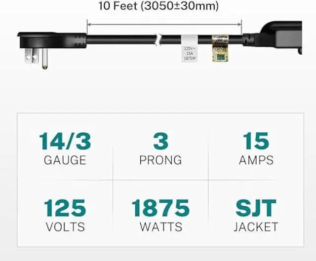 Alt view image 2 of 6 - FIRMERST 1875W 10ft Flat Plug Extension Cord 14 AWG Black 15A