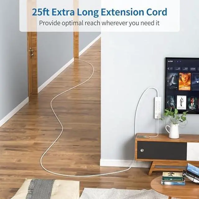 Alt view image 2 of 5 - Extension Cord 25 Ft, NTONPOWER Long Surge Protector Power Strip with 12 Outlet 3 USB, 2100 Joules, 1875W/15A, Overload Protection, Flat Plug, Wall Mount for Home Office, Workbench, Garage, White