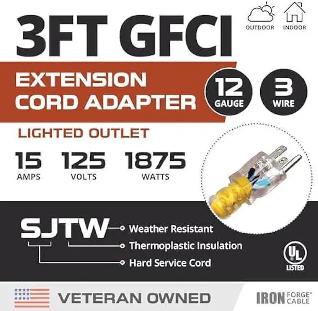 Alt view image 2 of 7 - IRON FORGE CABLE 3 Foot Lighted Outdoor GFCI Extension Cord - 12/3 SJTW Heavy Duty Yellow Pigtail Extension Cable with 3 Prong Grounded Plug for Safety, 15 AMP