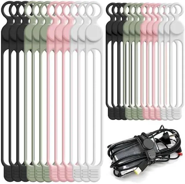 Main image of Nearockle Silicone Cable Ties Cord Organizer for Cable Management, 24PCS 4.2 and 7.1 Reusable Cable Organizer Electronic Accessories for Home, Office, Kitchen, School, Travel (4 Colors)