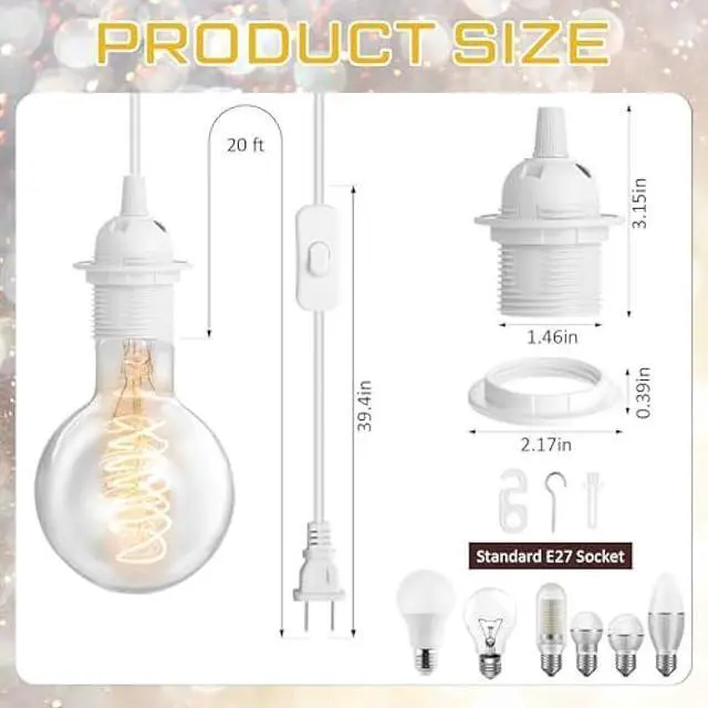 Alt view image 3 of 7 - Reginary 6 Pieces Hanging Light Cord Kit Lantern Bulb Cord Cable Extension Plug in Pendant with in-line On/Off Switch E27 Socket Lamp Kit for DIY Pendant Lamp(15 Feet/ 4.5 M,White)