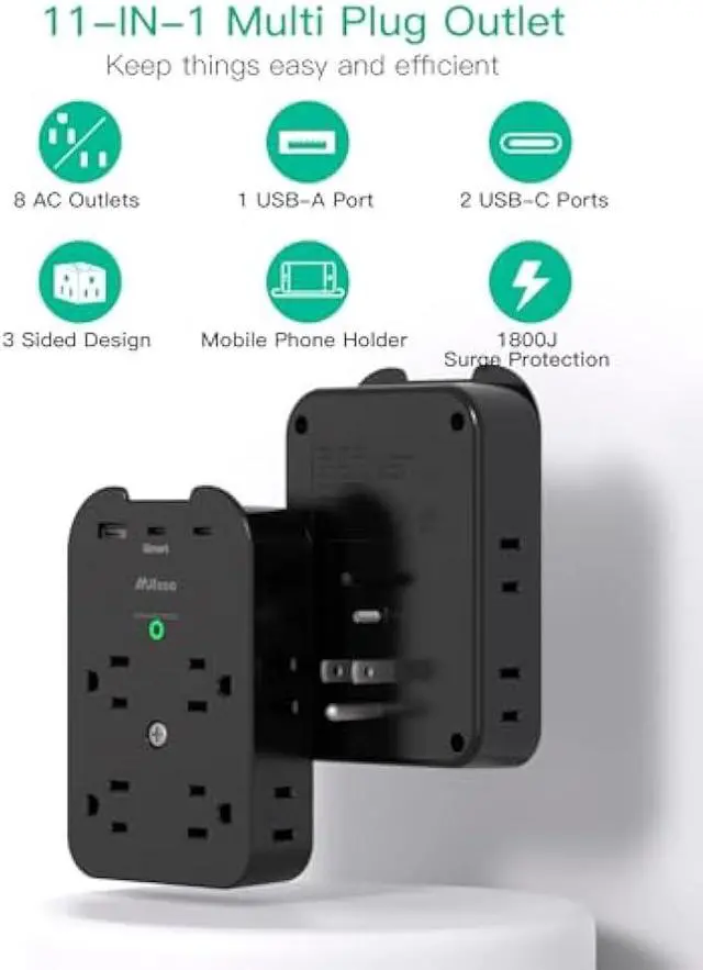 Alt view image 3 of 5 - Outlet Extender - Wall Surge Protector with 8 Outlets 2 USB C 1 USB A, Wall Mount Adapter with Top Phone Holder for Home, School, Office 1800 Joules, Black