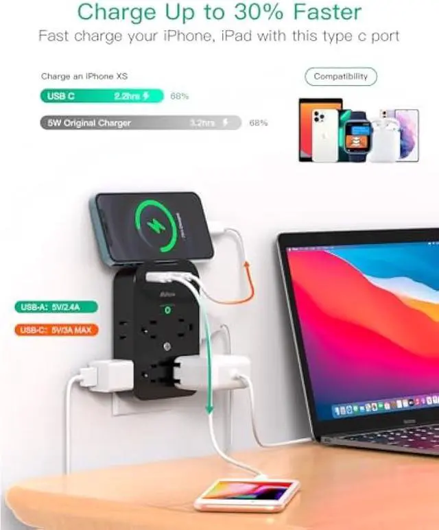 Alt view image 2 of 5 - Outlet Extender - Wall Surge Protector with 8 Outlets 2 USB C 1 USB A, Wall Mount Adapter with Top Phone Holder for Home, School, Office 1800 Joules, Black