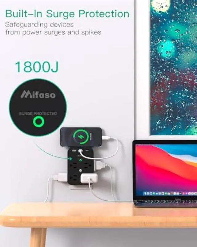 Alt view image 4 of 5 - Outlet Extender - Wall Surge Protector with 8 Outlets 2 USB C 1 USB A, Wall Mount Adapter with Top Phone Holder for Home, School, Office 1800 Joules, Black