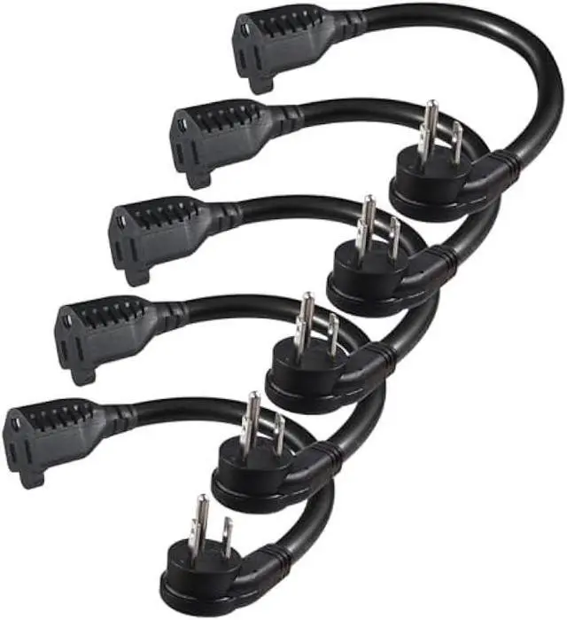 Main image of [5 Pack] Flat Plug Short Power Extension Cord - 6inch Black Low Profile Flat Head 3 Prong Grounded Indoor Extension Cord,16AWG 13amp Household Appliance Electrical Extension Cord with Flat Wall Plug