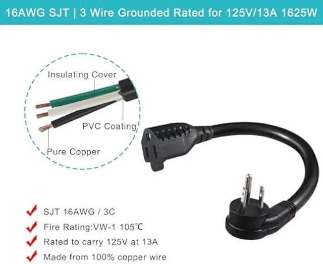 Alt view image 5 of 6 - [5 Pack] Flat Plug Short Power Extension Cord - 6inch Black Low Profile Flat Head 3 Prong Grounded Indoor Extension Cord,16AWG 13amp Household Appliance Electrical Extension Cord with Flat Wall Plug