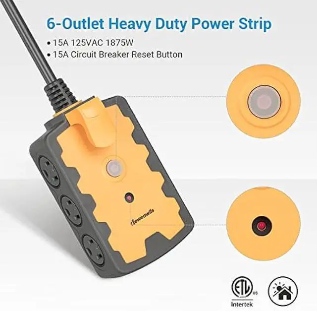 Alt view image 2 of 7 - DEWENWILS Workshop Power Strip, 6-Outlets Strip with 15 FT Extension Cord, Heavy Duty 14/3C Gauge, SJTW Power Cord for Indoor Outdoor, 15A Circuit Breaker, Swivel Safety Covers, ETL Listed