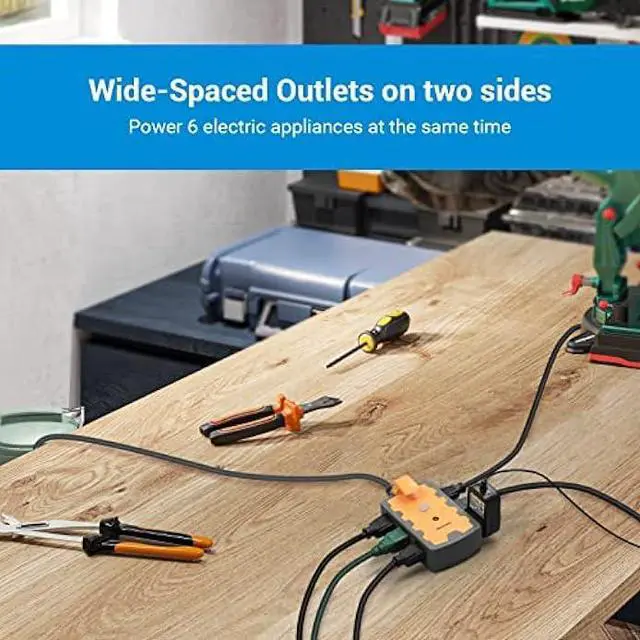 Alt view image 4 of 7 - DEWENWILS Workshop Power Strip, 6-Outlets Strip with 15 FT Extension Cord, Heavy Duty 14/3C Gauge, SJTW Power Cord for Indoor Outdoor, 15A Circuit Breaker, Swivel Safety Covers, ETL Listed