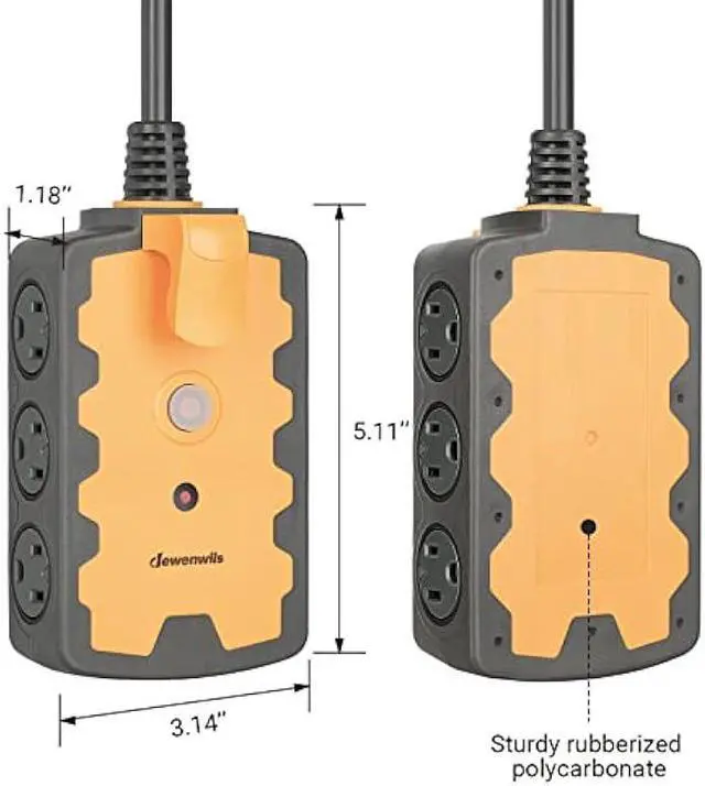 Alt view image 7 of 7 - DEWENWILS Workshop Power Strip, 6-Outlets Strip with 15 FT Extension Cord, Heavy Duty 14/3C Gauge, SJTW Power Cord for Indoor Outdoor, 15A Circuit Breaker, Swivel Safety Covers, ETL Listed