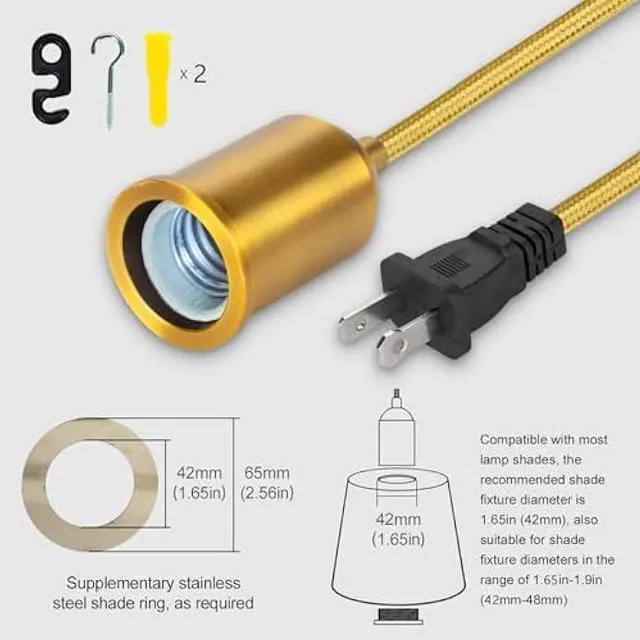 Alt view image 4 of 6 - Hanging Lights with Plug in Pendant Cord Switch Golden Light Bulb Socket with Cord Industrial Extension Rope DIY lamp Replacement Pendant Light kit Lantern Cord Porcelain Fixture Fabric Cable 15ft