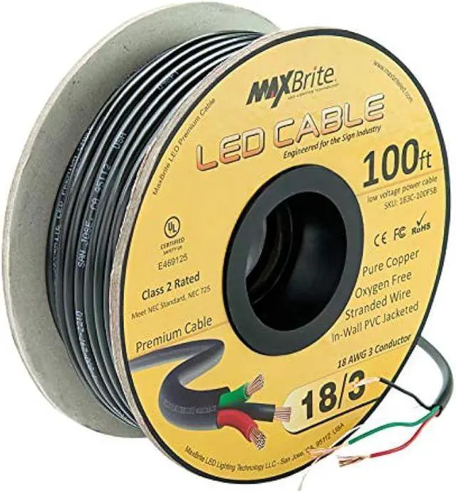 Alt view image 2 of 3 - 100 ft. 18AWG Low Voltage LED Cable 3 Conductor Black Sleeve in-Wall Speaker Wire UL/cUL Class 2 Certified