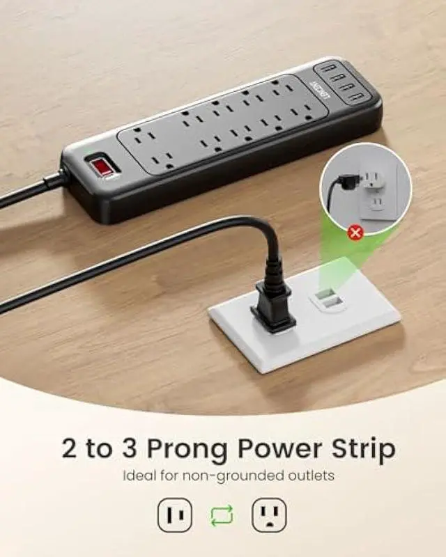 Alt view image 2 of 5 - LENCENT 2 Prong Surge Protector Power Strip with USB Ports,Polarized 2 Prong to 3 Prong Outlet Adapter,1700J Surge Protector, 6ft Extension Cord,10 AC Outlets & 4 USB,Non-Grounded Wall Plug Extender