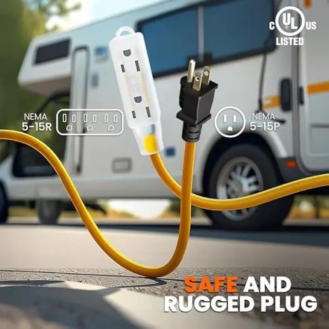 Alt view image 3 of 6 - Lighted Outdoor Extension Cord - Heavy Duty Yellow Power Cable Splitter by Journeyman-Pro 3-Prong NEMA 5-15P to Three Electrical Outlets (Inline Triple-Tap) 5-15R - 15 AMP 125 Volts Short (3FT)