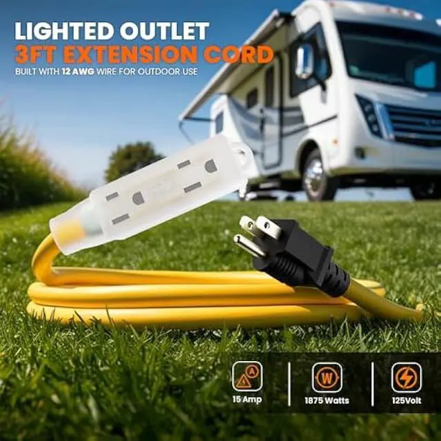 Alt view image 2 of 6 - Lighted Outdoor Extension Cord - Heavy Duty Yellow Power Cable Splitter by Journeyman-Pro 3-Prong NEMA 5-15P to Three Electrical Outlets (Inline Triple-Tap) 5-15R - 15 AMP 125 Volts Short (3FT)
