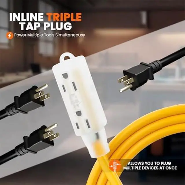 Alt view image 4 of 6 - Lighted Outdoor Extension Cord - Heavy Duty Yellow Power Cable Splitter by Journeyman-Pro 3-Prong NEMA 5-15P to Three Electrical Outlets (Inline Triple-Tap) 5-15R - 15 AMP 125 Volts Short (3FT)