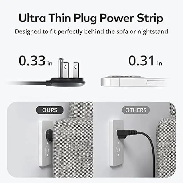 Alt view image 2 of 5 - TROND Ultra Thin Flat Extension Cord, Flat Plug Power Strip with 3 USB Charger, 3 AC Outlets Desktop Charging Station, Wall Mount Low Profile Power Strip for Home, Bedroom, Dorm Room Essentials Black
