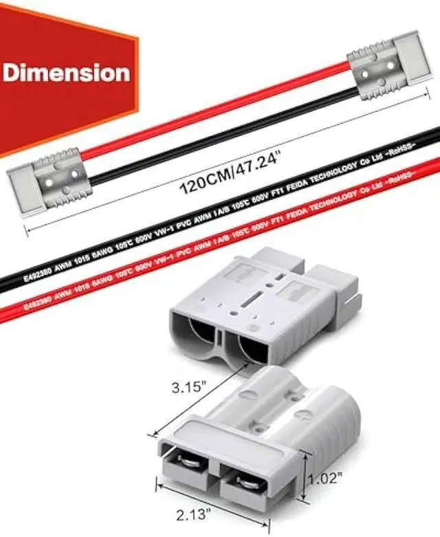 Alt view image 5 of 5 - IZTOSS 175A Anderson Connector 2 to 4 Gauge Battery Quick Connect Disconnect 12V-36V Anderson Plug with 4FT 6AWG Battery Connect Cable for Car Truck RV Recovery Winch Boat Towing