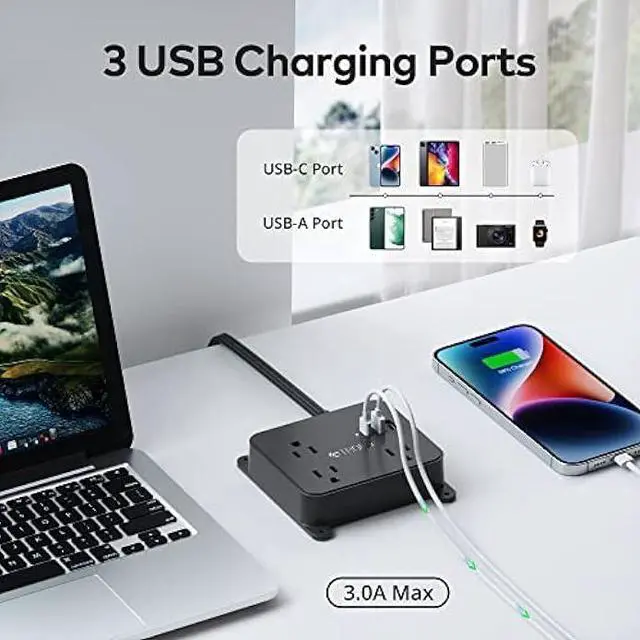 Alt view image 5 of 5 - TROND Ultra Thin Flat Extension Cord, Flat Plug Power Strip with 3 USB Charger, 3 AC Outlets Desktop Charging Station, Wall Mount Low Profile Power Strip for Home, Bedroom, Dorm Room Essentials Black