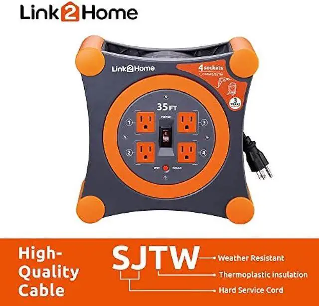 Alt view image 3 of 6 - Link2Home Cord Reel 35 ft. Extension Cord 4 Power Outlets 14 AWG SJTW Cable.