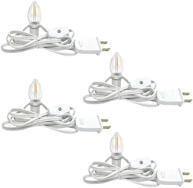 Main image of 4 Pack Lights Accessory Cord with 4 C7 Led Light Bulb, Clip-in Lamp Cord Replacement, Candelabra-Base E12 Socket White Cord with On/Off Switch Pluggs for Holiday Decorations