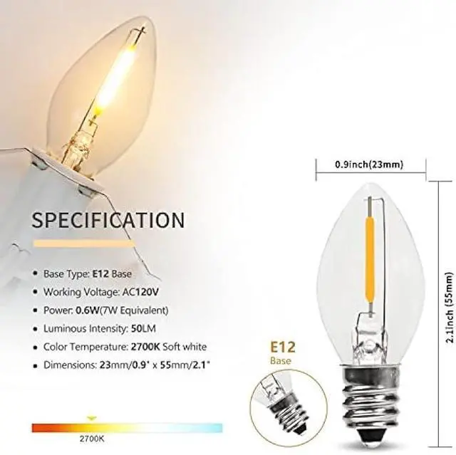 Alt view image 2 of 6 - 4 Pack Lights Accessory Cord with 4 C7 Led Light Bulb, Clip-in Lamp Cord Replacement, Candelabra-Base E12 Socket White Cord with On/Off Switch Pluggs for Holiday Decorations