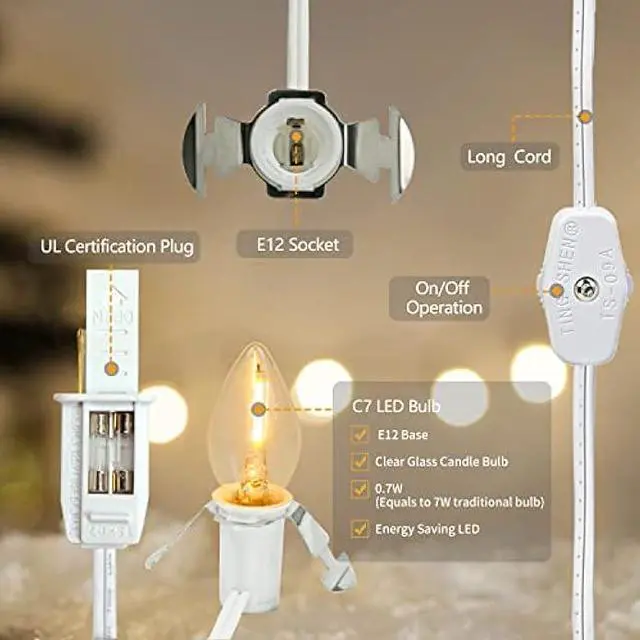 Alt view image 3 of 6 - 4 Pack Lights Accessory Cord with 4 C7 Led Light Bulb, Clip-in Lamp Cord Replacement, Candelabra-Base E12 Socket White Cord with On/Off Switch Pluggs for Holiday Decorations