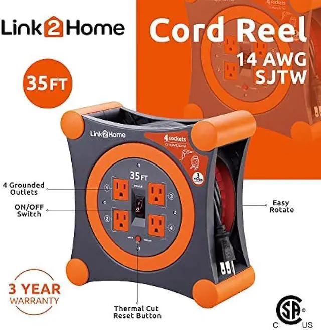 Alt view image 2 of 6 - Link2Home Cord Reel 35 ft. Extension Cord 4 Power Outlets 14 AWG SJTW Cable.