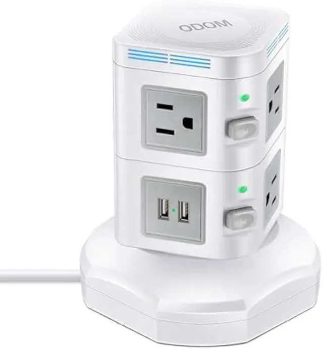Main image of Power Strip Tower [No Wireless], ODOM 1800J Surge Protector, 6 AC Outlets+4 USB Ports+6 Ft Retractable Extension Cord, 13A Multiple Charging Station for Home Business Office Dorm