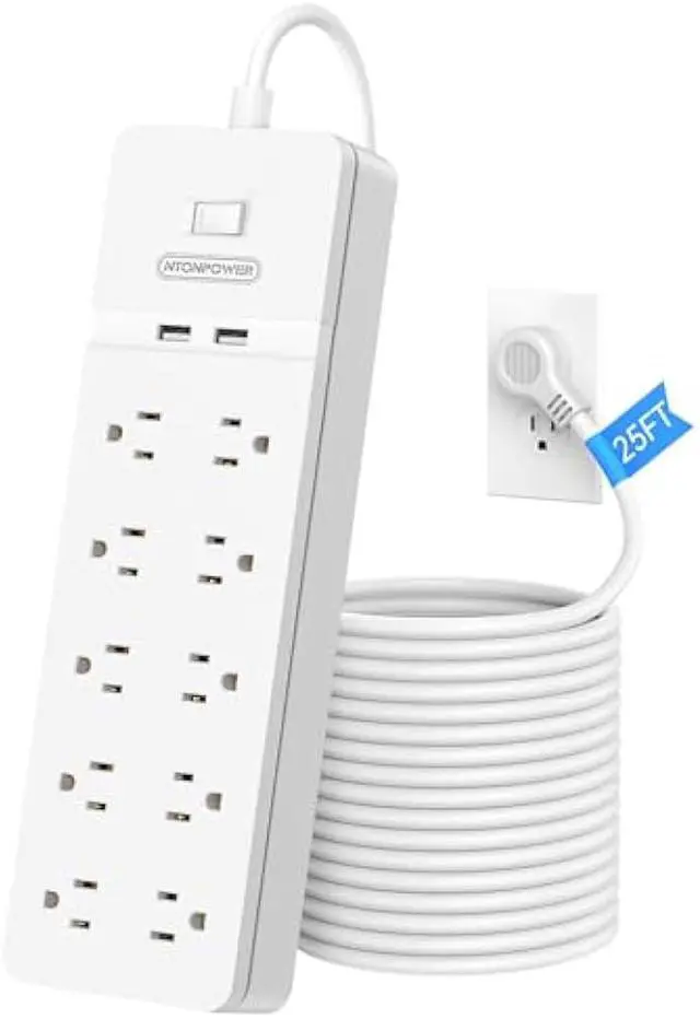 Main image of 25 Ft Extension Cord ETL, NTONPOWER 2100J Surge Protector Power Strip with 10 AC Spaced Outlets 2 USB Ports, 1875W/15A Overload Protection, Wall Mountable for Indoor, Home, Office or Garage, White
