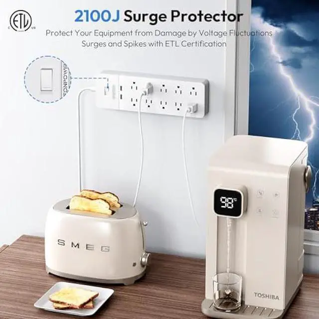 Alt view image 3 of 6 - 25 Ft Extension Cord ETL, NTONPOWER 2100J Surge Protector Power Strip with 10 AC Spaced Outlets 2 USB Ports, 1875W/15A Overload Protection, Wall Mountable for Indoor, Home, Office or Garage, White