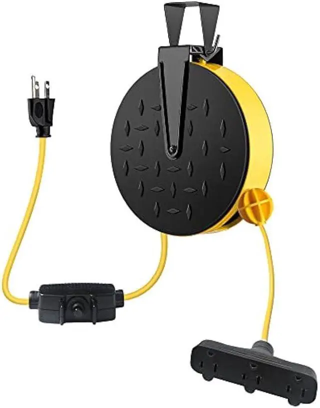 Main image of 30 Ft Retractable Extension Cord Reel with 3 Electrical Power Outlets - 16/3 SJTW Power Cord,10 AMP Circuit Breaker - Ceiling or Wall Mount for Garage,UL Listed,Yellow