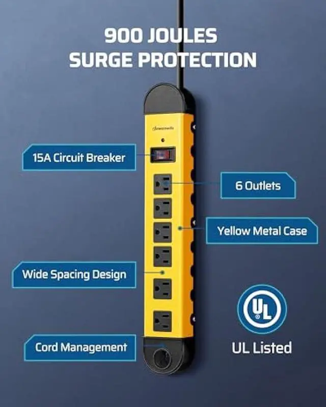 Alt view image 2 of 5 - DEWENWILS Metal Power Strip, 6-Outlet Heavy Duty Surge Protector with 15FT Long Cord, UL Listed, 14AWG/3C, 15A Circuit Breaker, 900 Joules, Low Profile Flat Plug, Wall Mountable
